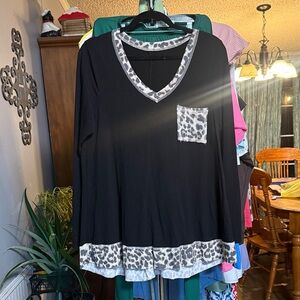 Leopard Trim Black V-Neck Women's Top